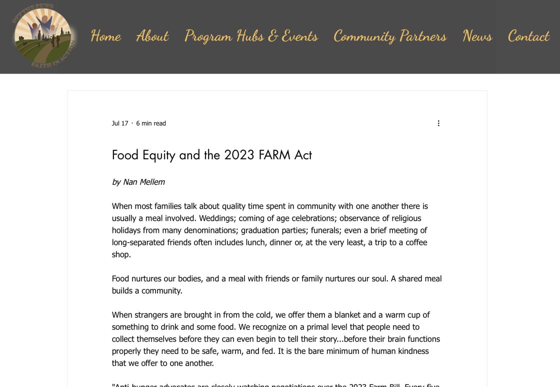 Screen capture from offthepews.org of the top of the "Food Equity and the 2023 FARM Act" written by Nan Mellem.